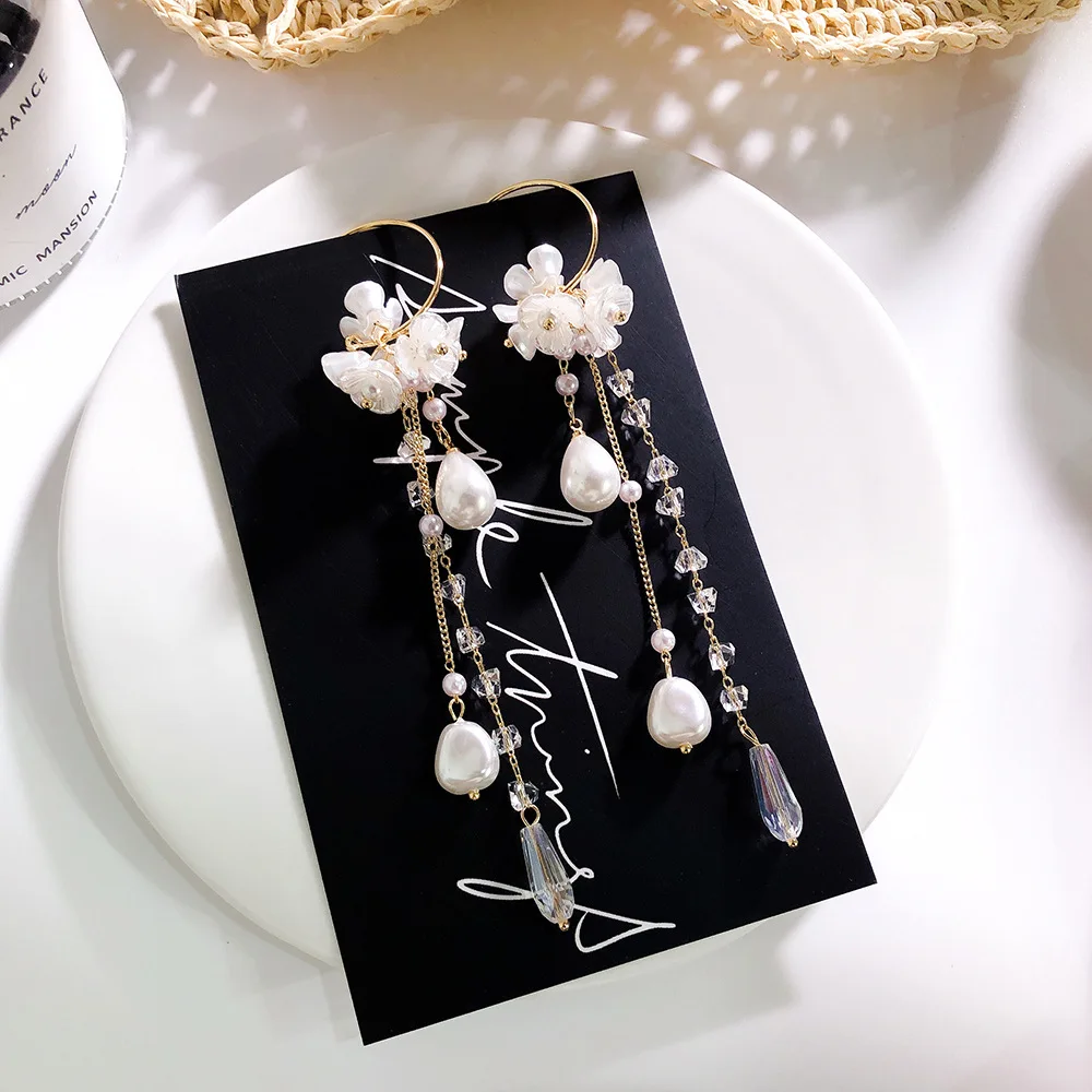 Dominated 2019 Fashion Style Shell Flower Pearl Women Drop earrings Contracted crystal long tassel |