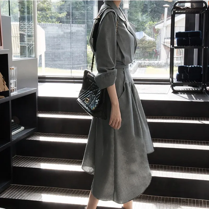 2019 Summer Women Turn-Down Collar Asymmetrical Dress Casual High Waist Button Elegant Pocket Split Midi Dresses | Женская одежда