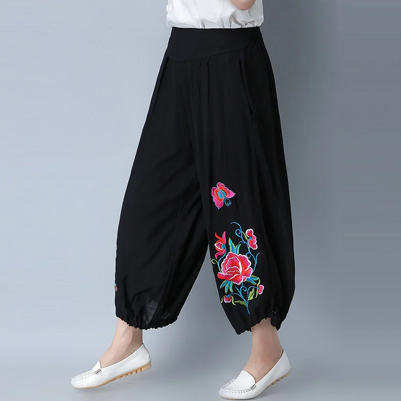 

Retro embroidered large size women's nine casual wide leg pants