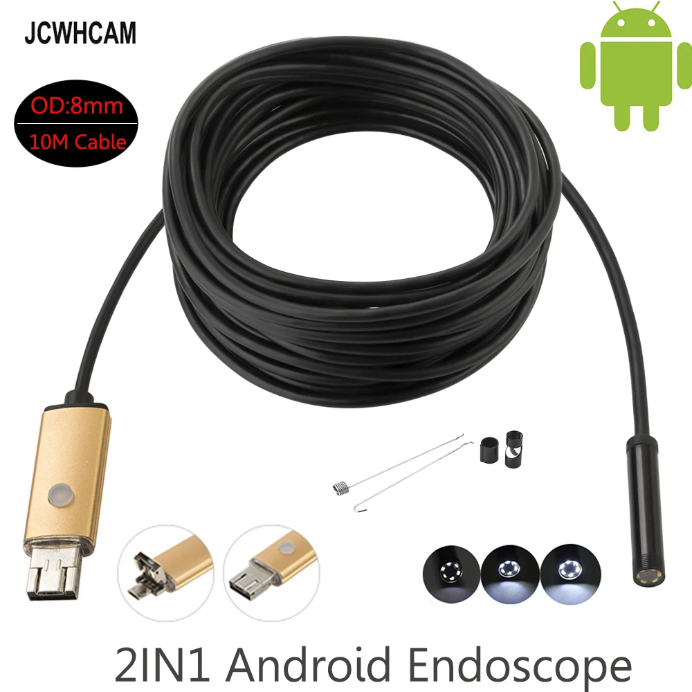 

Водонепроницаемый эндоскоп JCWHCAM с объективом 8 мм, камера Android с кабелем 10 м, USB эндоскоп с камерой Android, бороскоп для осмотра змеиной трубкой