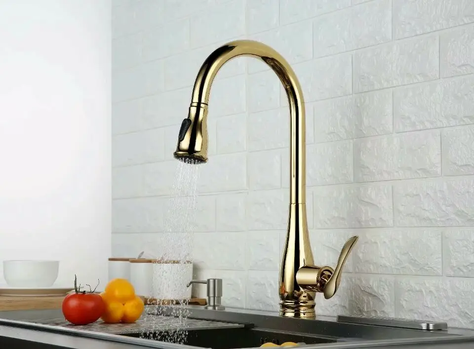 Free ship Brand New Pull Out Sprayer Kitchen Faucet Gold color Single Hole Sink tap deck mounted classic |