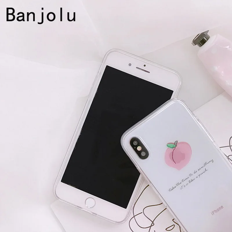 Banjolu New Candy Cute Transparent Stylish Pink Peach Phone Case for iPhone X 7 8 Plus 6 6s Soft TPU Cover Back |