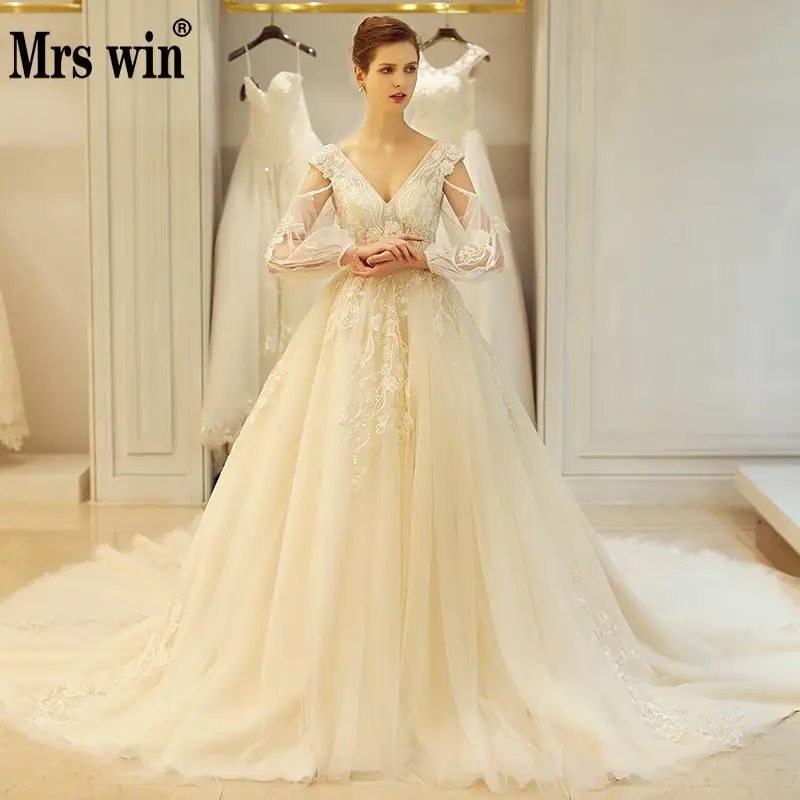 Свадебное платье 2019 г. Mrs Win роскошный полный Пышный рукав сексуальный v-образный