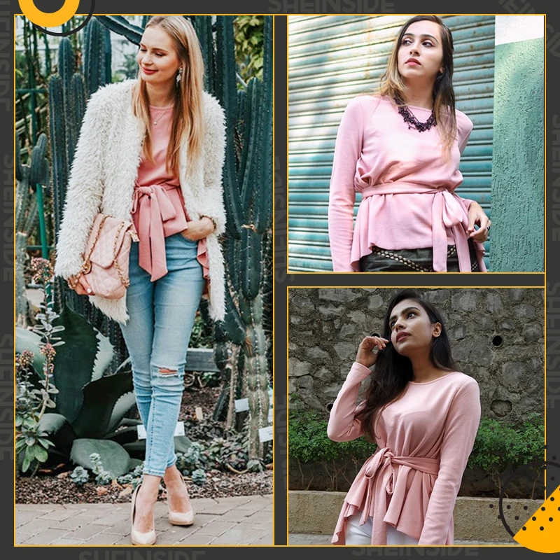 Sheinside, розовая рубашка с длинным рукавом, женские блузки и рубашки, осенние женские асимметричные топы с поясом, Элегантная блузка