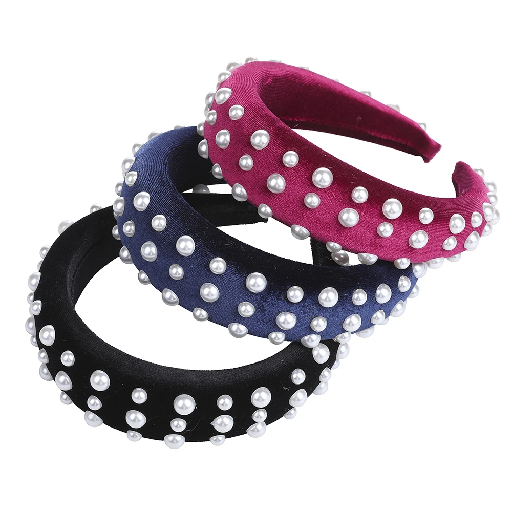 

Geebro 2019 New Fashion Retro Handmade Thick Velvet Headbands for Women Accessories Hair Band Wide Pearls Headwear Hairbands