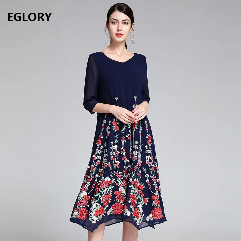 

Top Quaity Brand New 1950s Style Dress Brides Mother Women V-Neck Exquisite Embroidery 3/4 Sleeve Vintage Retro Dress Plus Size