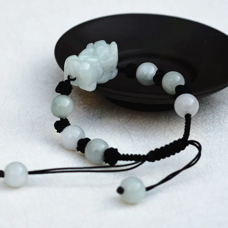Drop Shipping AAA Natural Jadeite Bracelet Cute Handmade Weave Carved PIXIU With Round Beads Lover's Bangles Gift Jades Jewelry |