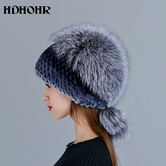 HDHOHR, модная зимняя шапка из натурального меха, женская шапка из натурального кроличьего меха с мехом серебристой лисы, вязаные шапки, модные женские меховые шапки - Цвет: Многоцветный