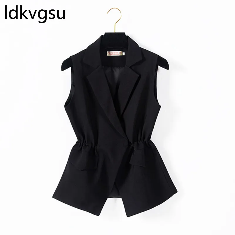

Solid Spring Korean Womens Vest Cardigan Female Vest Slim Lapel Summer Tank Waist Drawstring Sleeveless Short Suit Jacket f014
