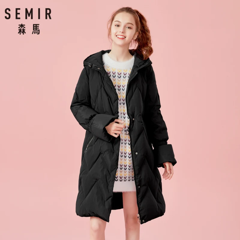 SEMIR женское стеганое длинное пуховое пальто с капюшоном с карманом на молнии и застежкой-защелкой пуховое пальто со скрытым шнурком на талии