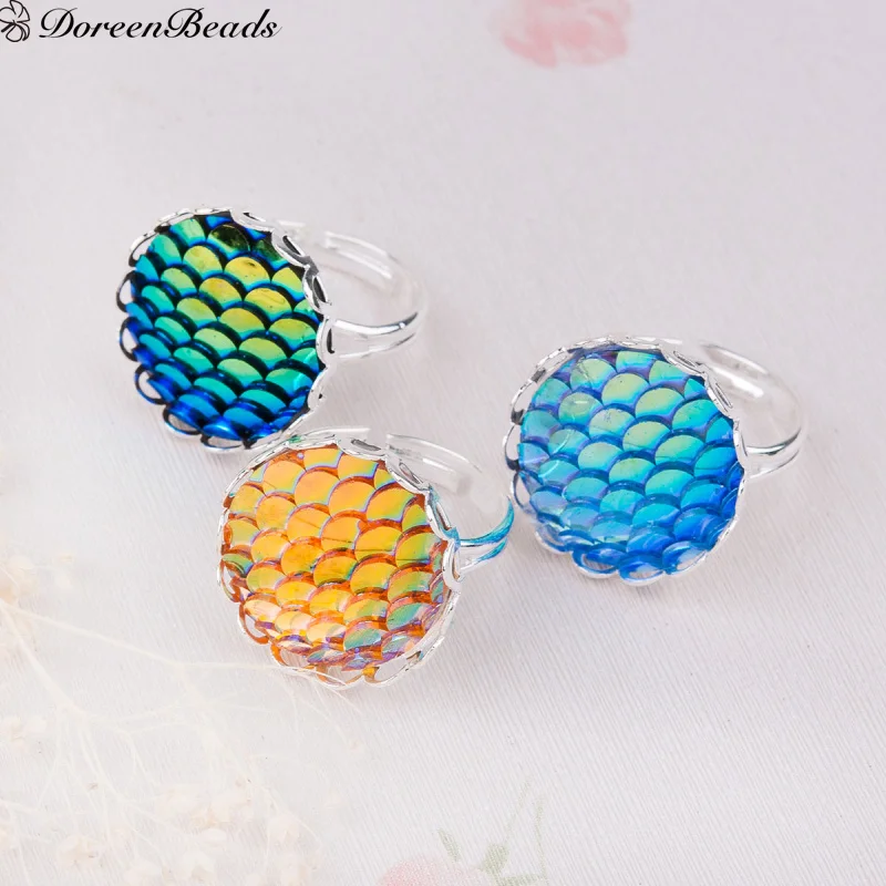 Регулируемые кольца DoreenBeads ручной работы круглые рыбные весы серебряного цвета 16