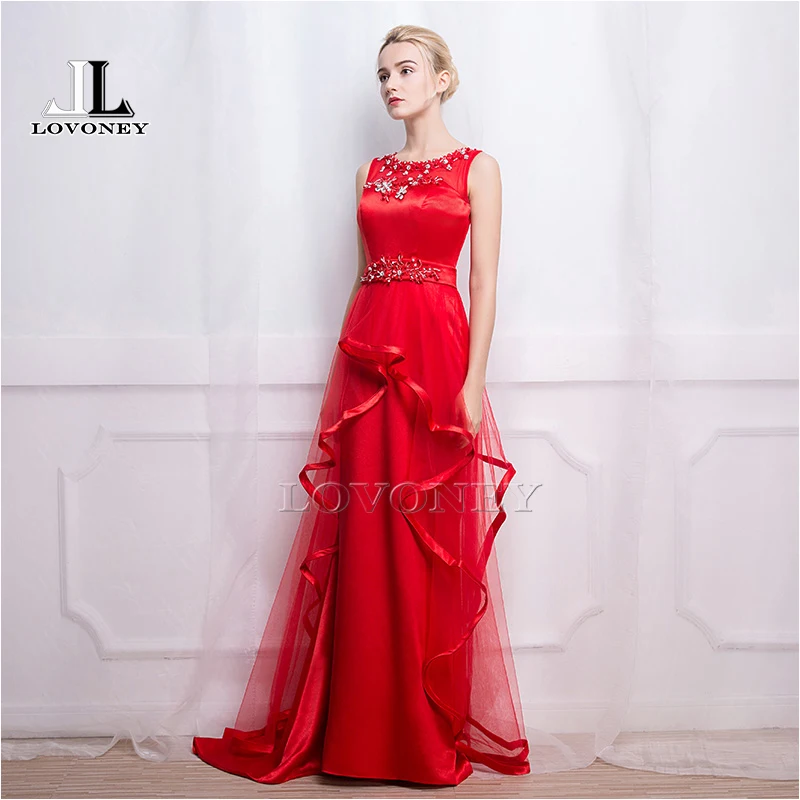 LOVONEY Real Photo-Line О-Образным Вырезом Вечернее Платье Длинные Пром Платья 2017 Вечерние