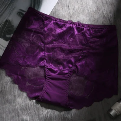 Purple Lingerie Underpants Sexy Womens Panties Briefs Woman Sexy lace plus-size panties hollowed out high-waisted brief - Color: Purple