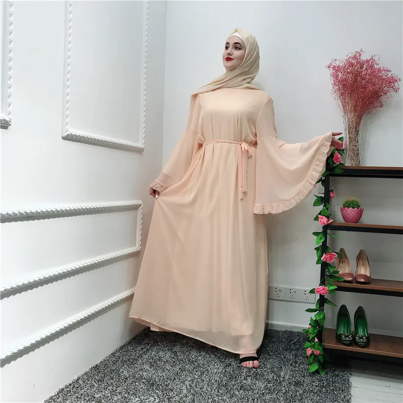 Фабрика большой расклешенный рукав мусульманские abayas syari арабские женщины полная Длина оборками кружева мусульманские халаты Рамадан абаи с поясом wq980