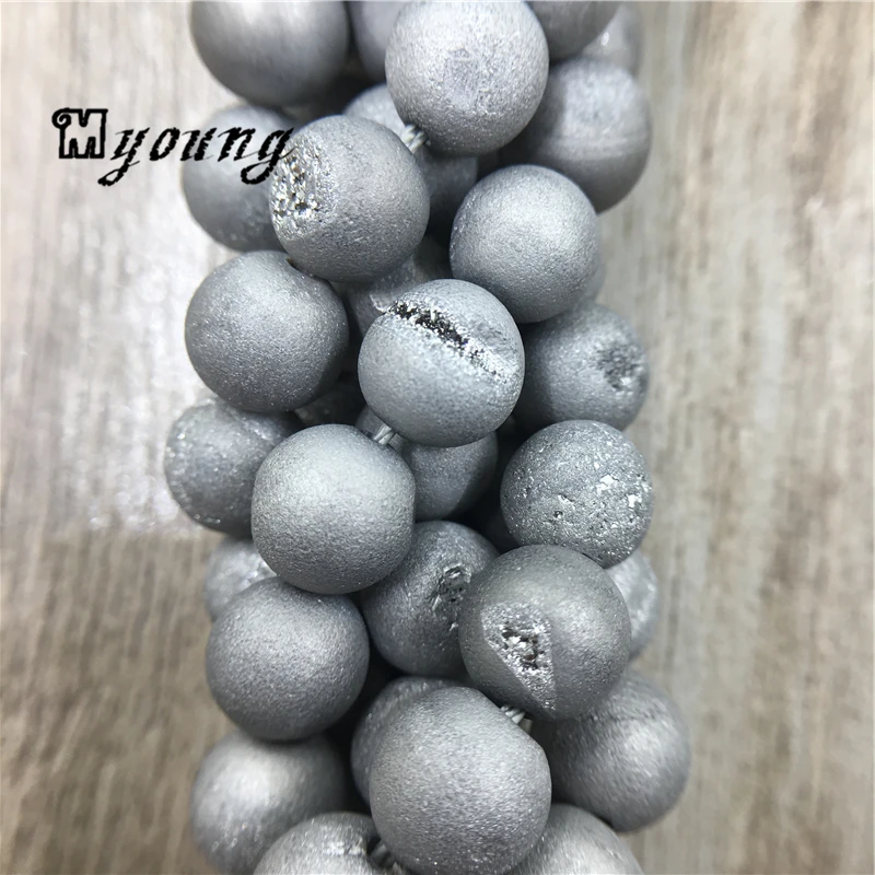 15." Strand Серебристая Argent Титан Натуральный камень Агаты Бусины, матовая Druzy Geode Бусины, круглый Loose Бусины 5strands/лот my0088