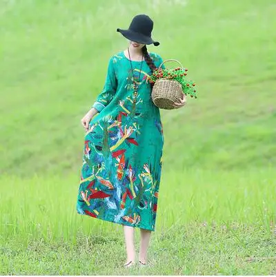 015 Plus Size Women Vintage Dress Summer Autumn Sundress Cotton Linen Vestidos Lady Long Dresses Print Floral Loose Casual Dress - Цвет: 015