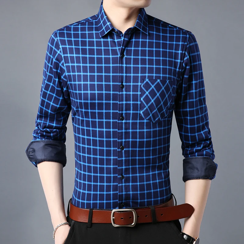 Fashion Men's Shirts Winter Thick Warm Check Male Social Men Business Casual Fleece Print Autumn Shirt Brand Clothing 4XL | Мужская