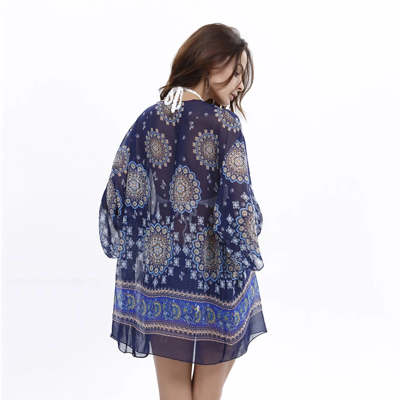 Летнее кимоно кардиган для женщин Цветочный принт девочек Синяя Femme шифоновая