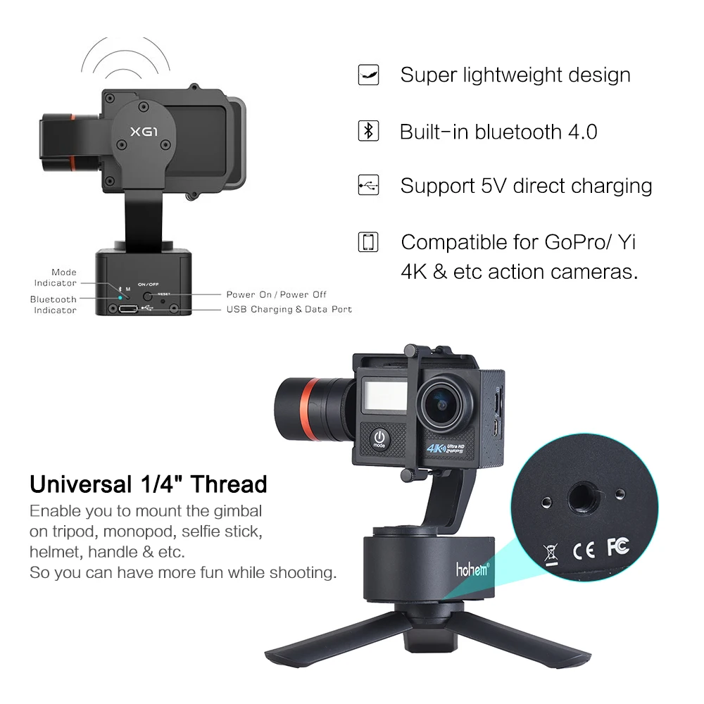 Hohem XG1 3-осевому гидростабилизатору для GoPro Hero 7/6/5/4/3 переносной стабилизатор руль велосипеда/шлем/Автомобильный монтажный однажды действий Камера