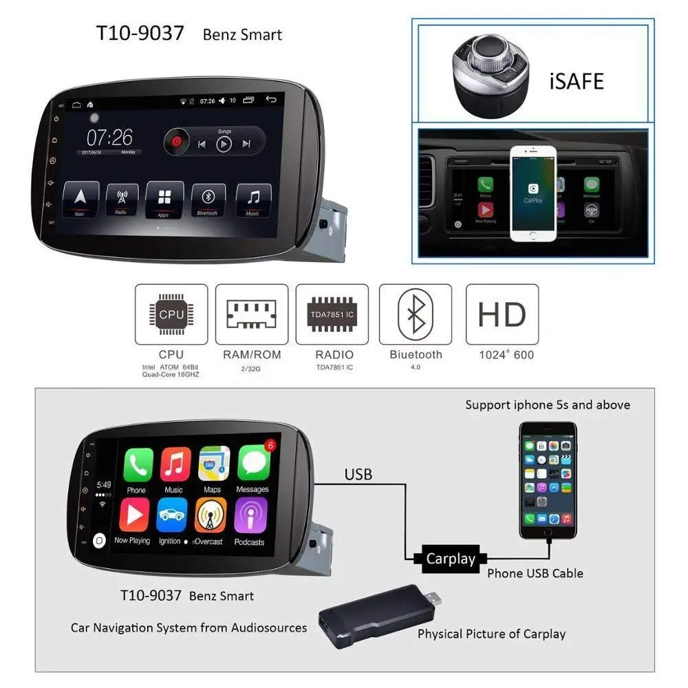 Автомобильный мультимедийный плеер 1 Din Android 10 автомобильный DVD для Benz Smart 2016 2017 9