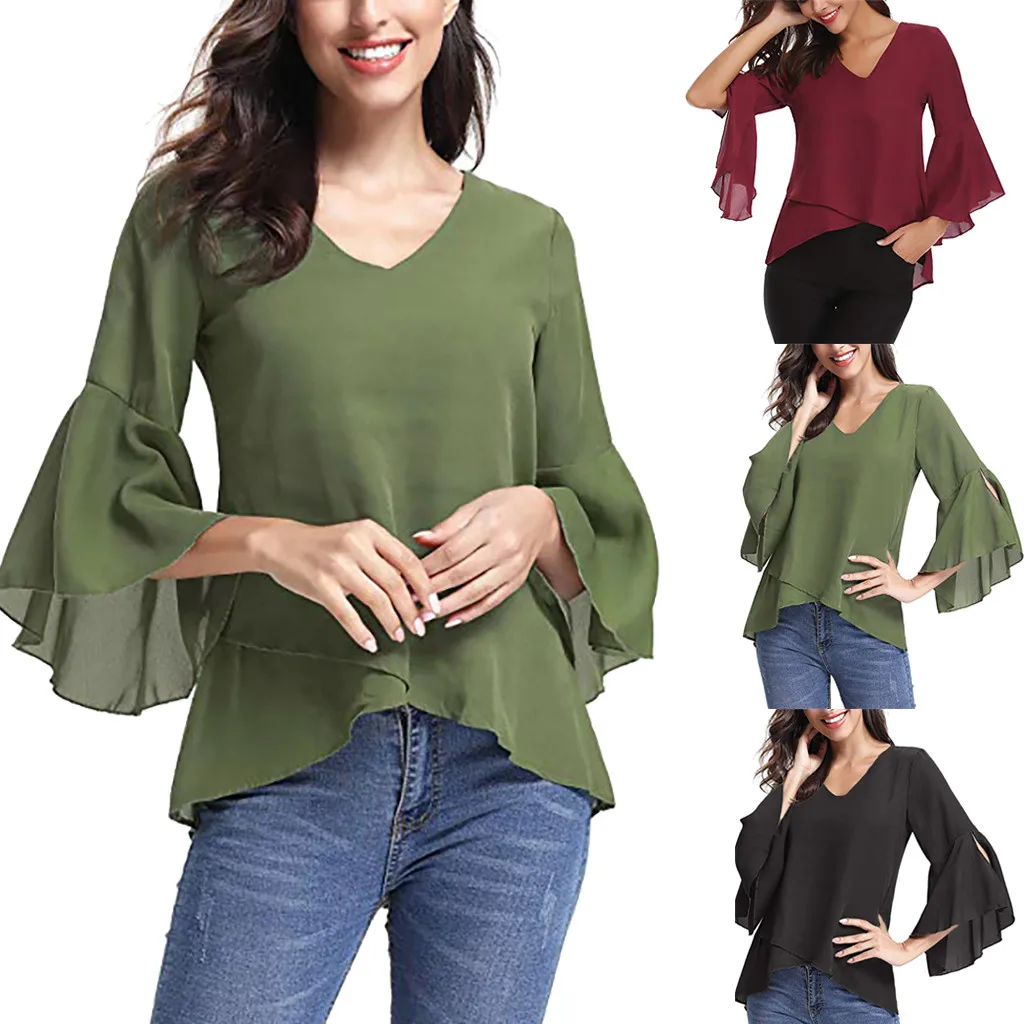 Hot Sale Tops Blouse Shirt Women Ladies Summer V-Neck Bell Sleeve Solid Chiffon Tunic #45 |