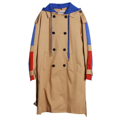 Khaki Модный лоскутный плащ цвета хаки с капюшоном, женский двубортный свободный длинный плащ с поясом, Женская Повседневная Весенняя Осенняя верхняя одежда - Цвет: Khaki