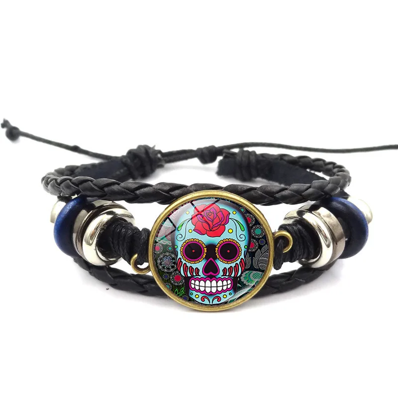Punk Style Jewelry with Skull Pattern Glass Cabochon Multilayer Charm Leather Bracelet Bangle for Women Men Party Gift | Украшения и
