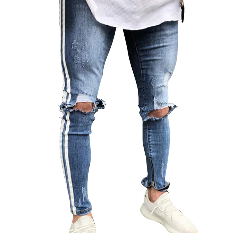 LAAMEI рваные джинсы для мужчин Slim Fit Хай-стрит брюки мужские с дыркой на колене