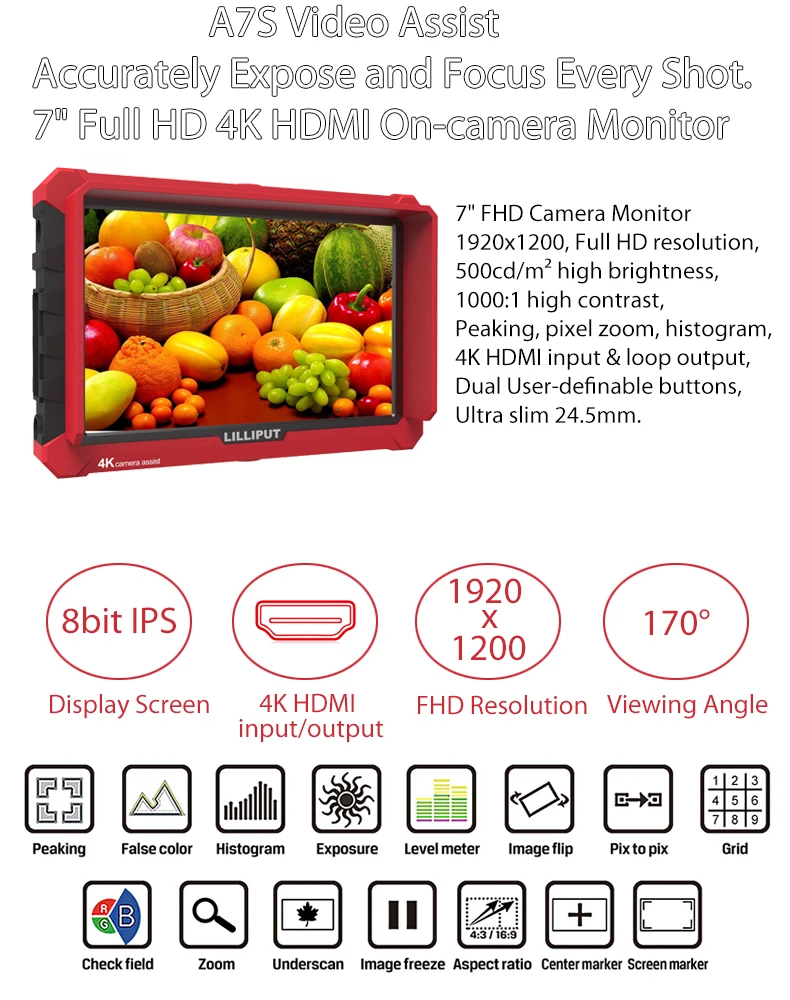 Lilliput A7S 7-дюймовый 4K HDMI 1920x1200 Full HD монитор для BlackMagic Pocket BMPCC камеры.