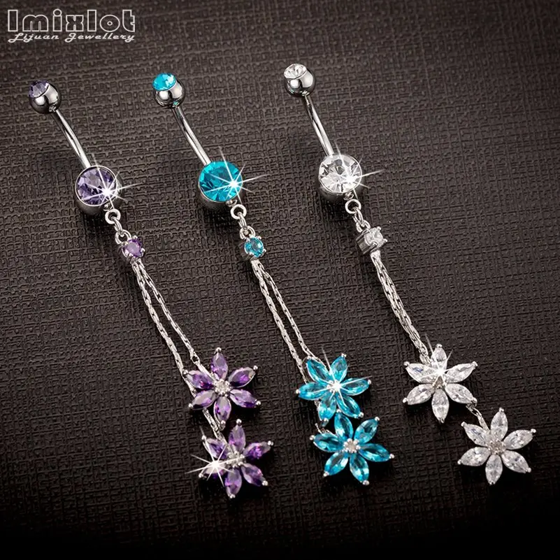 1PC Surgical Steel Dangle Flower AAA CZ Zircon Crystal Navel Bell Button Rings Sexy Piercing Body Jewelry Various Styles | Украшения и