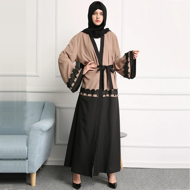 

Модные мусульманские кружевные платья Abaya, кардиган с вышивкой, кимоно, длинное платье, туника, Ближний Восток, Рамадан, мусульманская одежд...