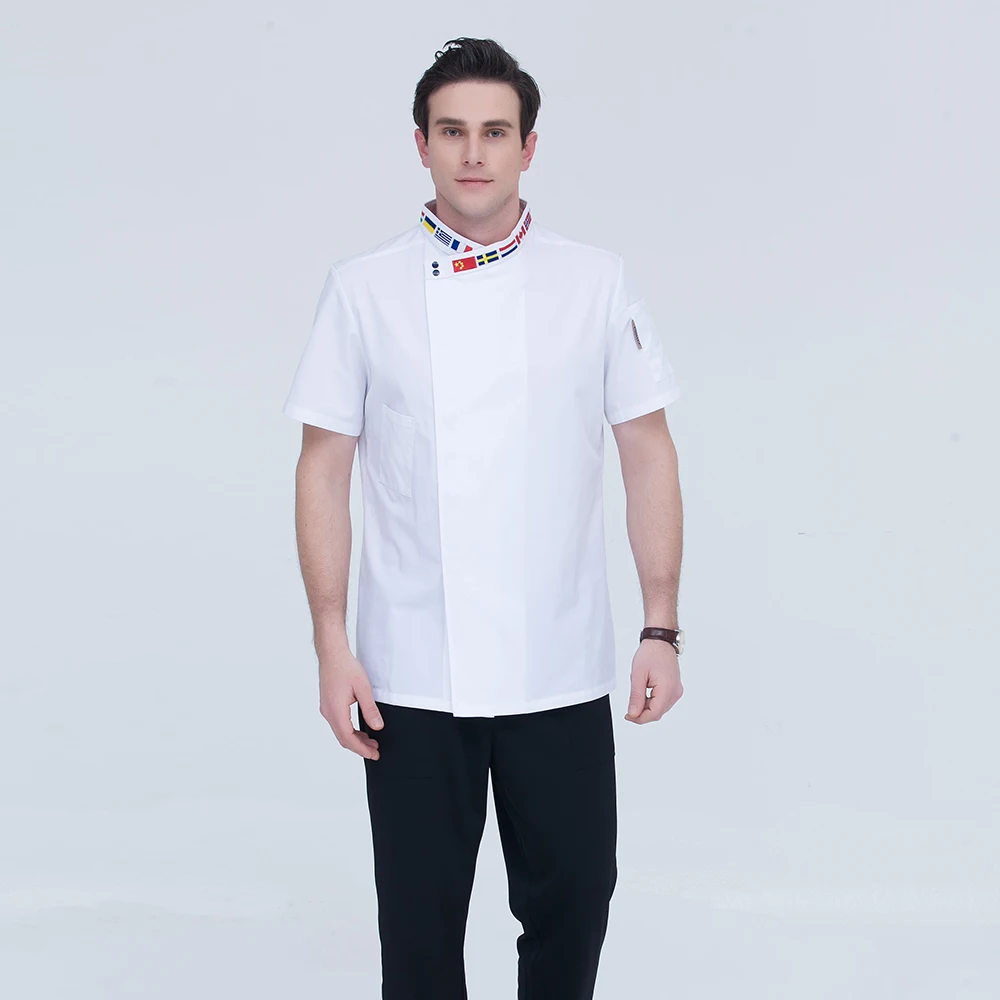 coat2 Унисекс, черный, белый флаг страны, косая вышивка, воротник, однобортный, короткий рукав, летняя куртка для ресторана, кафе, шеф-повара, Рабочая форма - Цвет: coat2