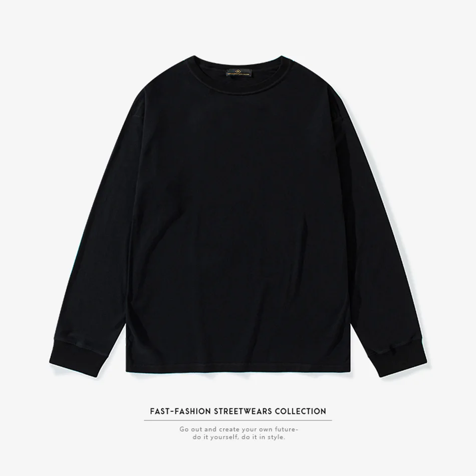 Fashion Mens T Shirt Retro Wash Oversize Anti-turner Double-faced Loose T-shirts Round Neck Black Long Sleeve Solid Casual Tee