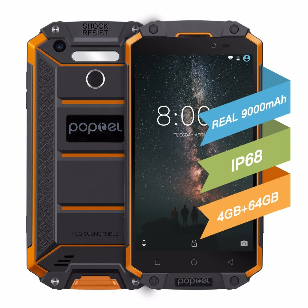 POPTEL P9000 Max 9000 мАч IP68 wateproof 5 &quotмобильный телефон FHD Android 7 0 mtk6750 восемь ядер 4 ГБ 64 13MP NFC