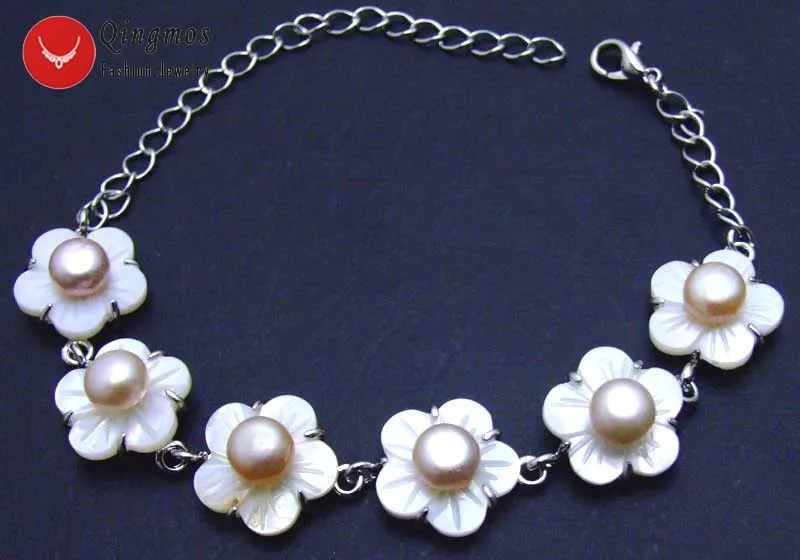 

Qingmos 14mm Pink Flower Shell Bracelet for Women with 6-7mm Natural White Flat Pearl Bracelet Jewelry Adjustable 6-8.5" bra254
