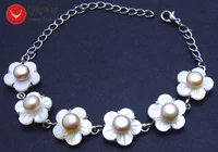 qingmos 14mm pink flower shell bracelet for women with 6 7mm natural white flat pearl bracelet jewelry adjustable 6 8 5 bra254