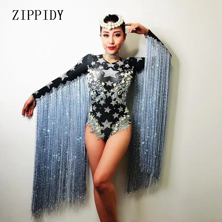 Gray Long Tassel Stars Pattern Leotard Bling Crystals Pearl Bodysuit Nightclub Female Singer Show Prom Party Celebrate Costume