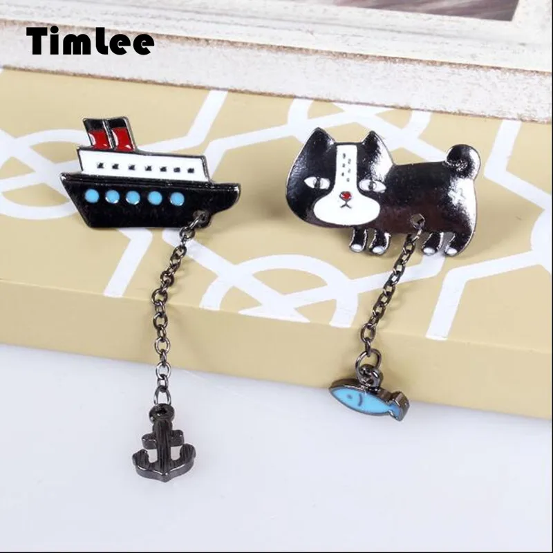 Timlee X005 Бесплатная доставка милый котенок с рыбацкой лодкой брошь Якорь заколки