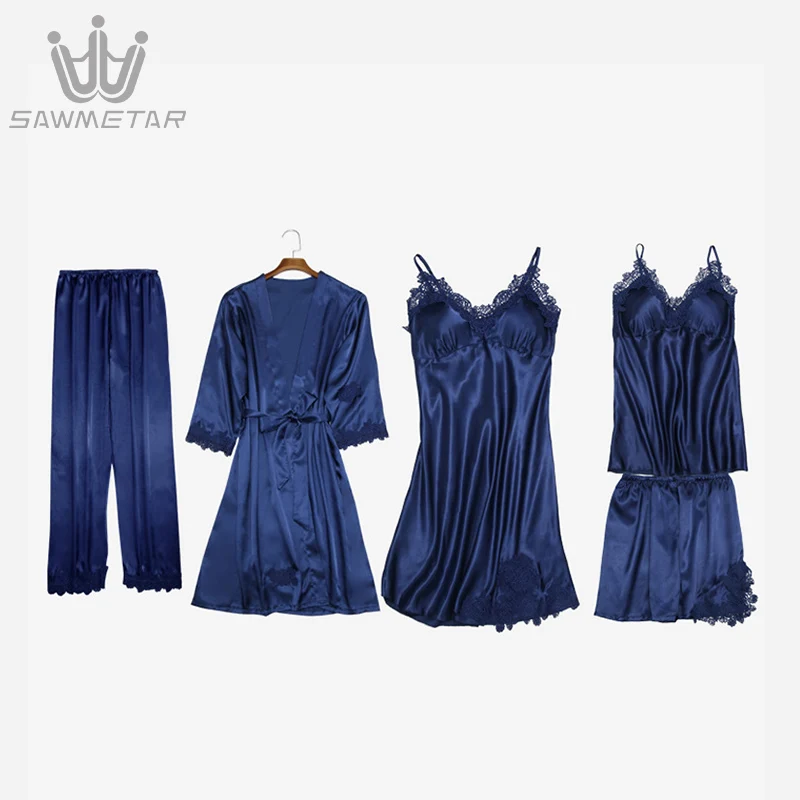 Summer Pajamas Women Silk Pijama 5 Pieces Pyjama Sexy Sleepwear Home Wear Home Clothing Lace Sleep Lounge With Chest Pads