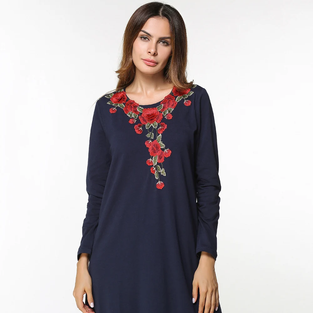 

Pop Sale Nice Nice Dress Women Long Sleeve O Neck Casual Dress Plus Size ankle-length Loose Nice Floral Embroidery Long Dress