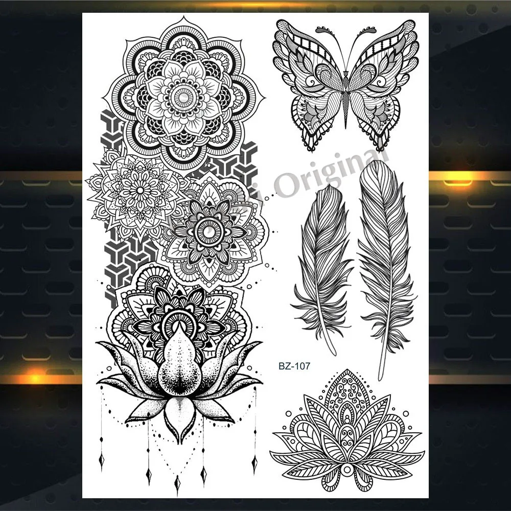 Большие временные татуировки REJASKI для женщин перо черная хна искусственная