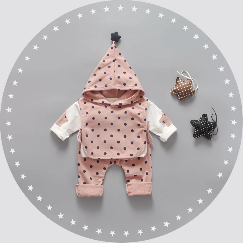 2016 Осень Хлопок Девушки Горошек футболки + капюшоном жилет брюки Костюмы Детская