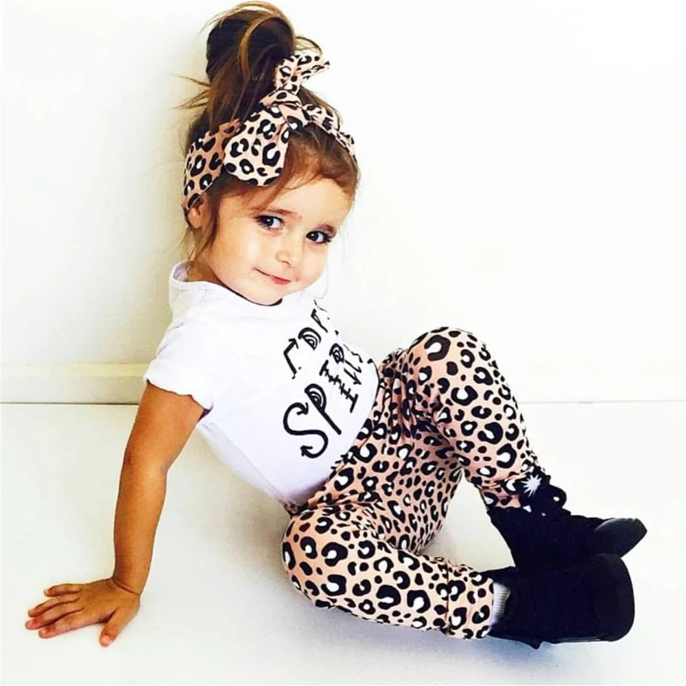 Summer baby girl leopard clothes fashion cotton t-shirt+pants+headband kids toddler 3pcs suit newborn girls | Детская одежда и