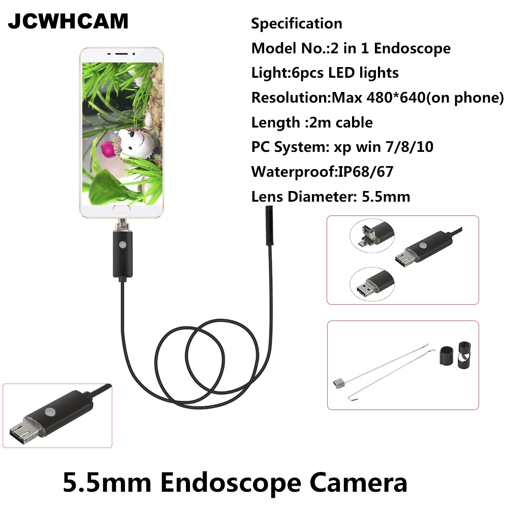 JCWHCAM 5 мм объектив UVC/OTG USB эндоскоп Android камера IP68 Водонепроницаемая трубка