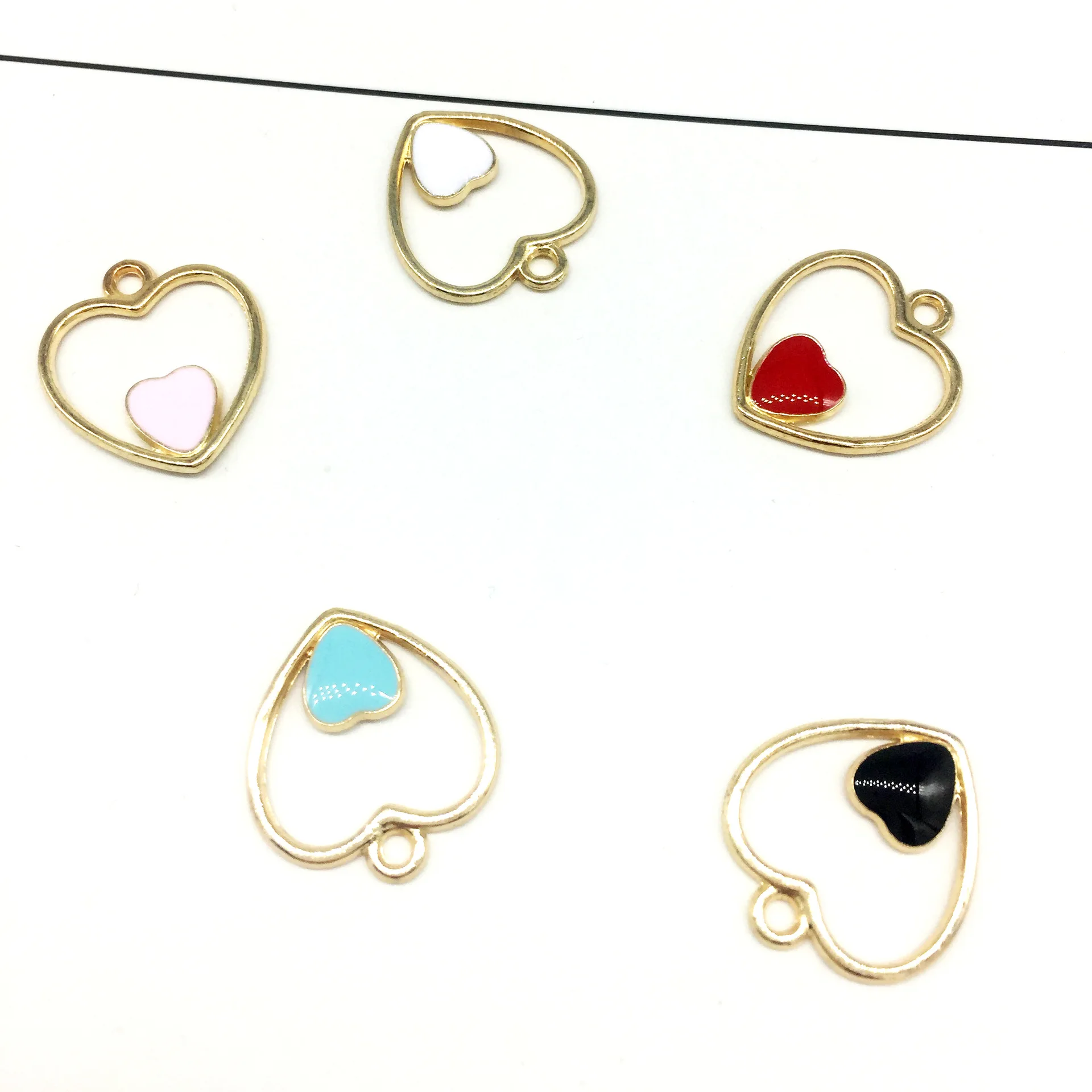 

50pcs/lot Gold Color Metal Alloy Various Colors Oil Drop Geometry Hollow Heart Charms For DIY Handmade Jewelry