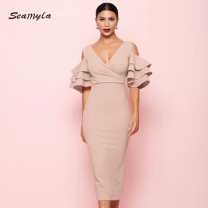 Платье-миди женское вечернее с рукавами-лепестками и V-образным вырезом, лето