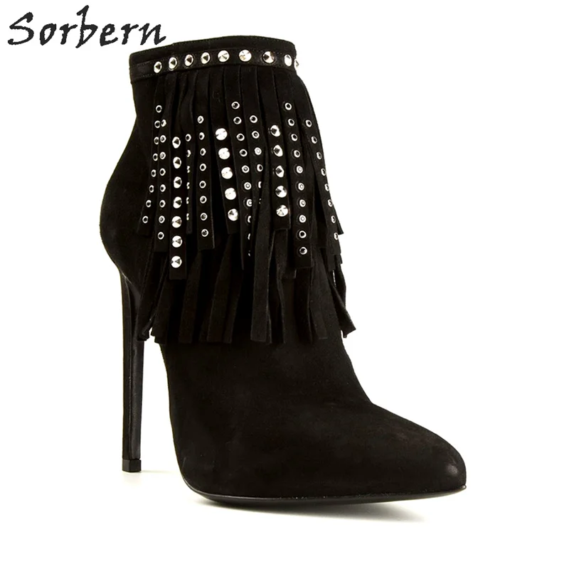 Женские ботинки с заклепками Sorbern черные вечерние на тонком каблуке 2017|ankle boots for