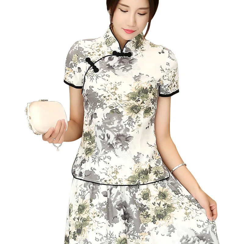 Шанхай история Мандарин воротник женская Qipao рубашка Китайский Топ короткий рукав cheongsam Топ Традиционный китайский льняная блузка - Цвет: 116 Green