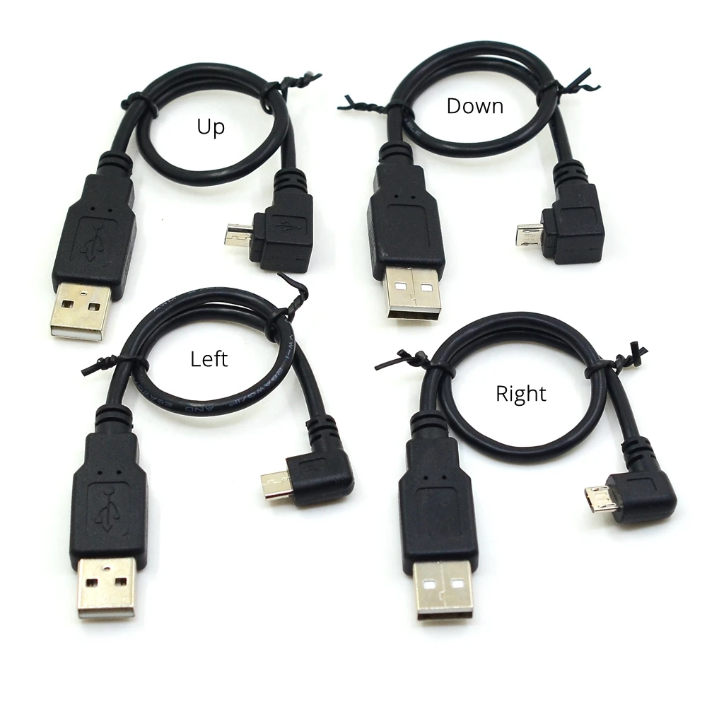 Вверх вниз влево вправо под углом 90 градусов USB Micro штекер к зарядный кабель 25 см 50