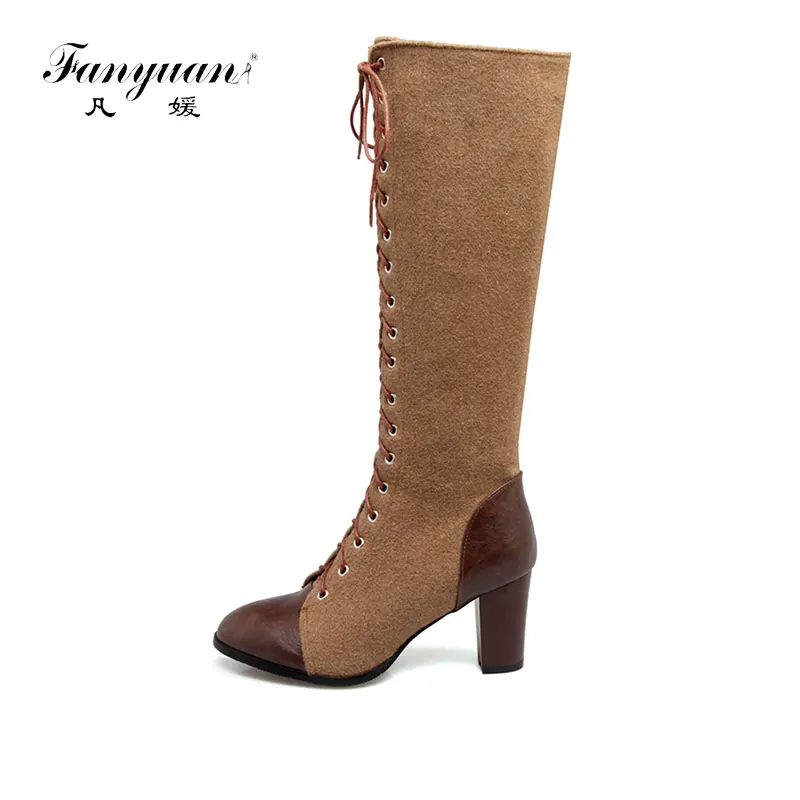

Fanyuan 2018 warm thick high heels Sexy Pointed toe platform knee high boots Side Zipper pu leather lace up women Long boots